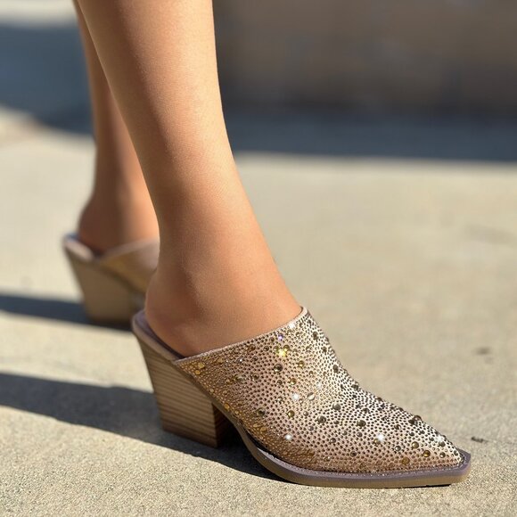 Elegant Tan Mules with Rhinestone Detailing - Picture 2 of 6